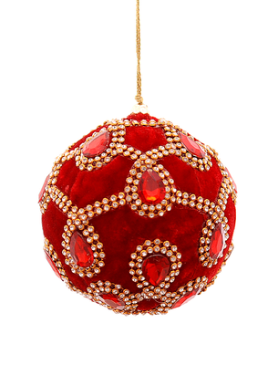 Polyester velvet red bauble with beads 10cm, , medium