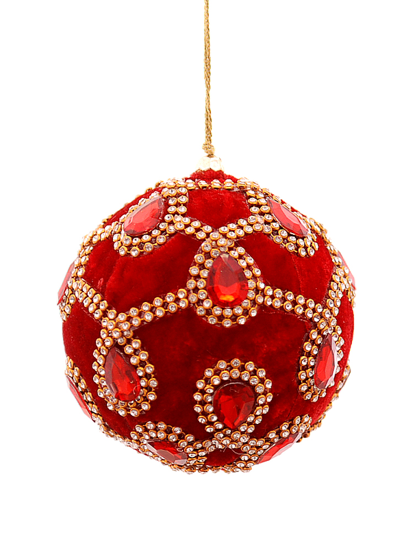 Product image: Polyester velvet red bauble with beads 10cm, , medium-null