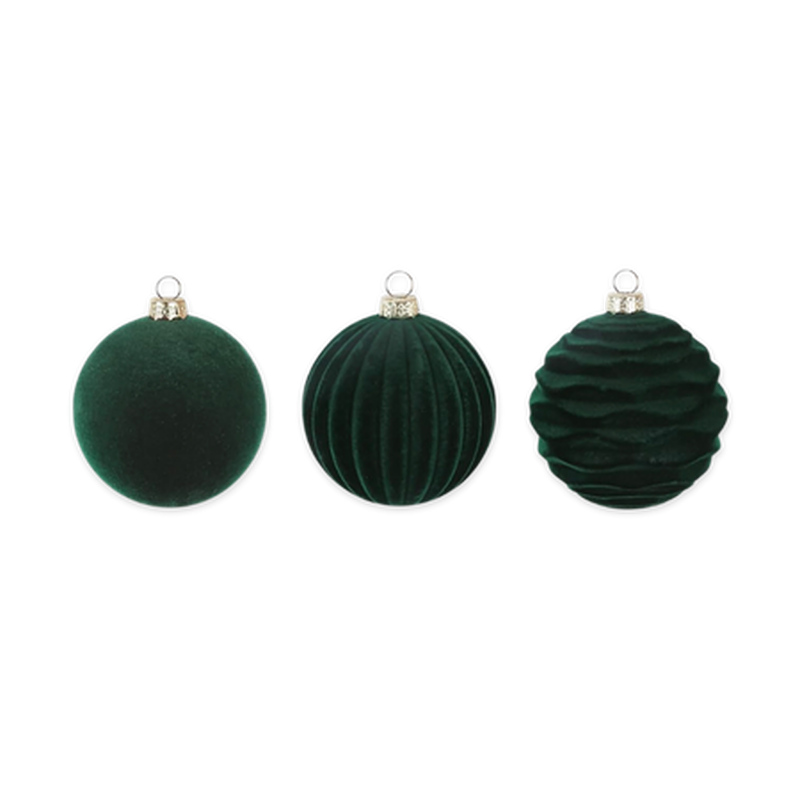 Xmas balls 12 pcs set 8cm green velvet, , medium-null