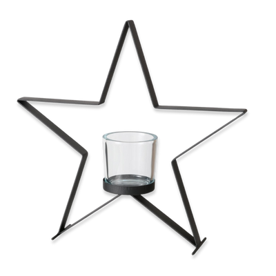 Iron black windlight star with glass 50.5cm, Black, medium
