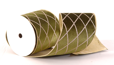 Polyester velvet green/gold ribbon double sided with glitter &checkered, , medium