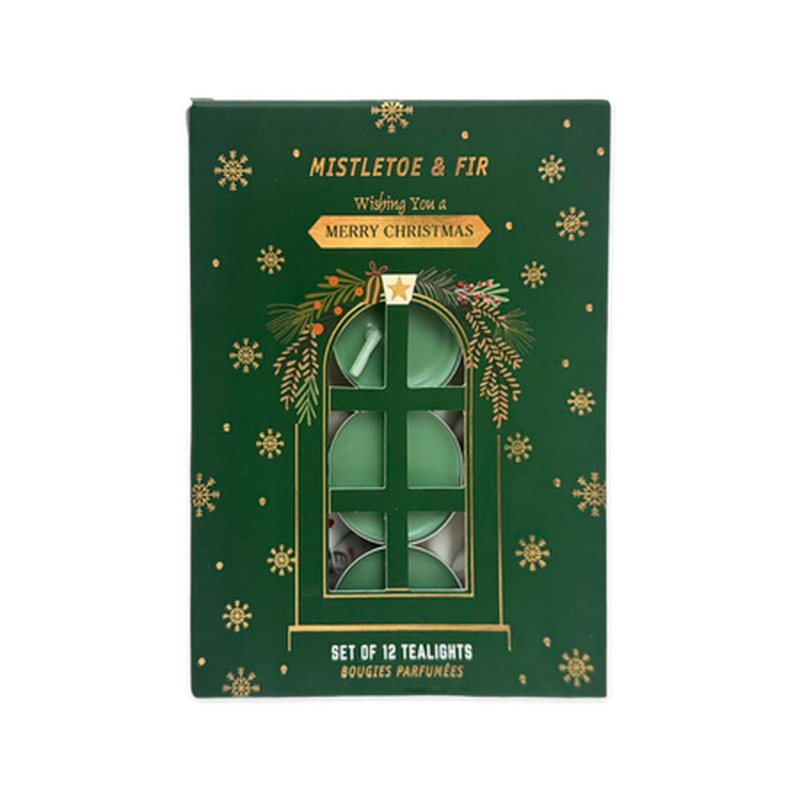 Xmas tealights 12pcs set mistletoe & fir, , medium-null
