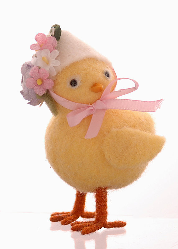 Yellow chenille chicken with pink hat, , medium-null