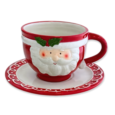 Xmas ceramic santa cup with plate 16x16x8.5cm, , medium