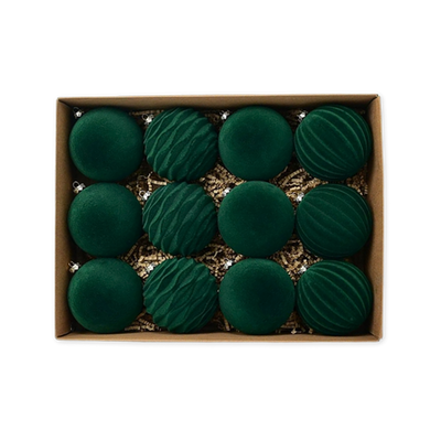 Xmas balls 12 pcs set 8cm green velvet, , medium