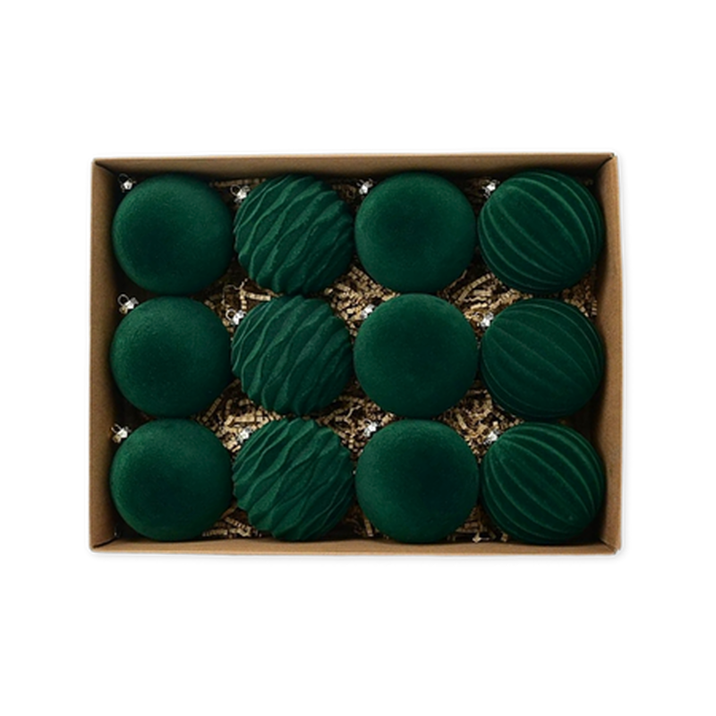 Xmas balls 12 pcs set 8cm green velvet, , medium-null