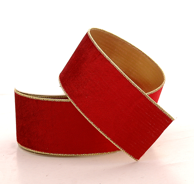 Velvet red ribbon with gold details, , medium