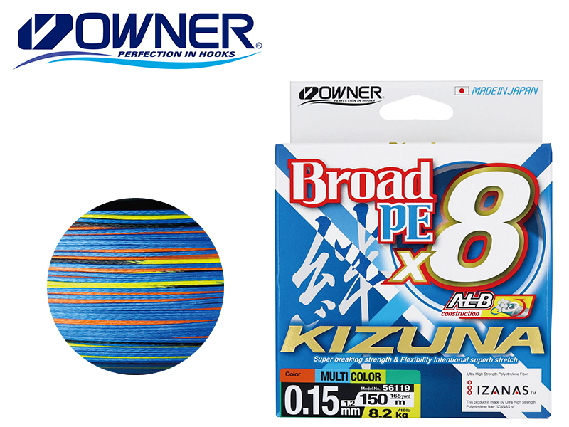 Owner broad pe x8 kizuna 150mt ( p.e: 0.6/0.10mm, strength: 4.1kg/9lb, color: multi-color), , medium-null