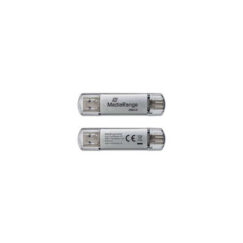 Mediarange USB 3.2 Gen 1 combo flash memory drive with USB-a and USB-c&reg;, with protective caps, silver, 256GB-null