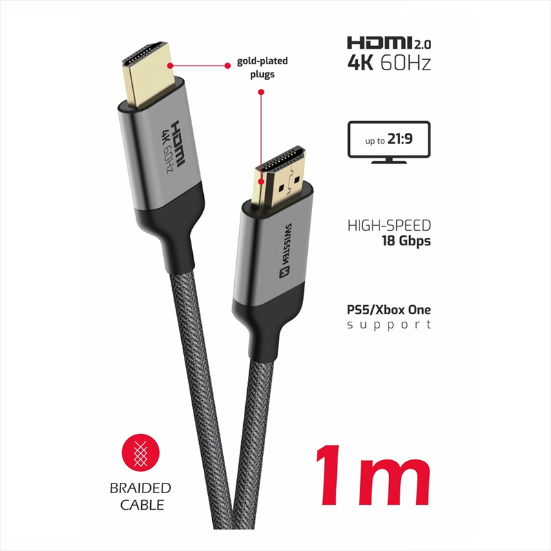 Swissten HDMI 2.0 4k 60hz nylon braided cable 1m, , medium-null