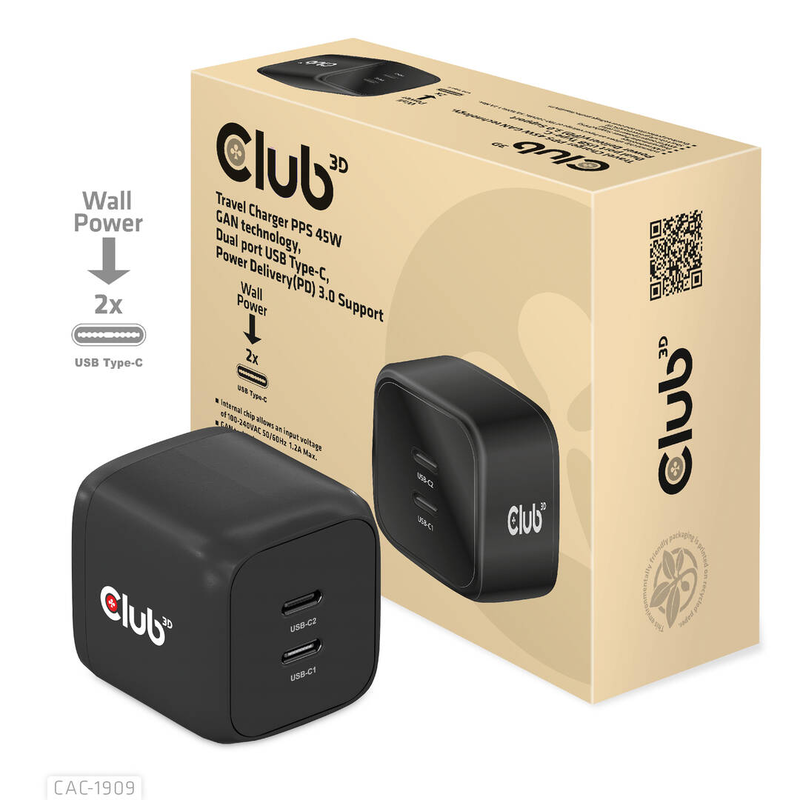Club 3d cac-1909 / power adapter / pps and gan technology / 45 watt / 3 a / pd 3.0 / 2 output connectors (2 x USB-c) / on cable: USB-c / european union, , medium-null