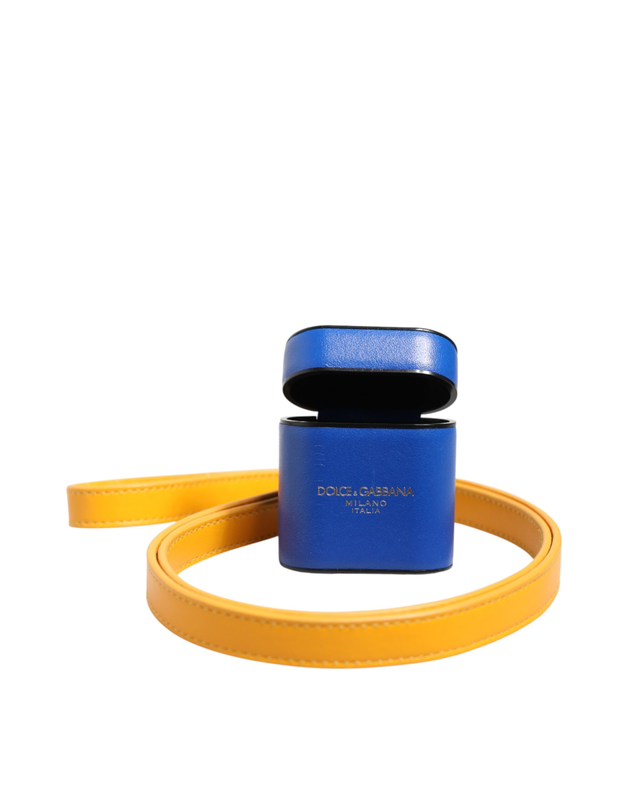 Blue yellow calfskin leather logo strap men AirPods case-null
