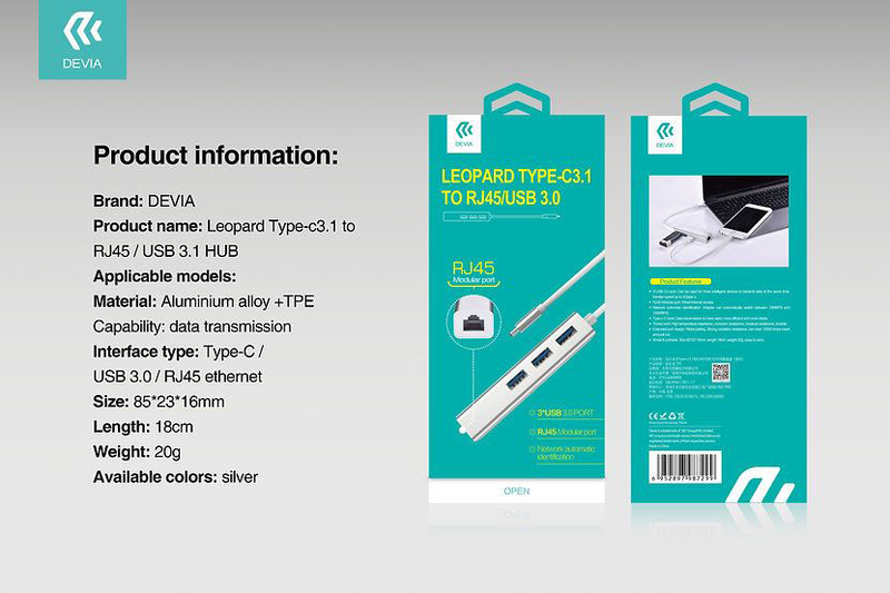 Devia leopard προσαρμογεας Type-C3.1 to rj45/USB 3.1 (1000mbps), , medium-null