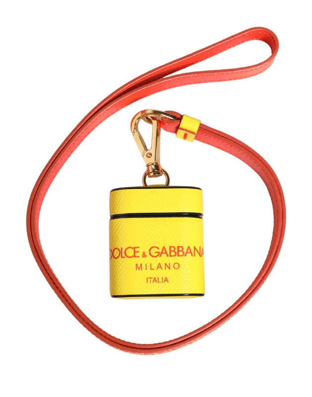 Yellow calf leather logo flip holder strap AirPods case-null