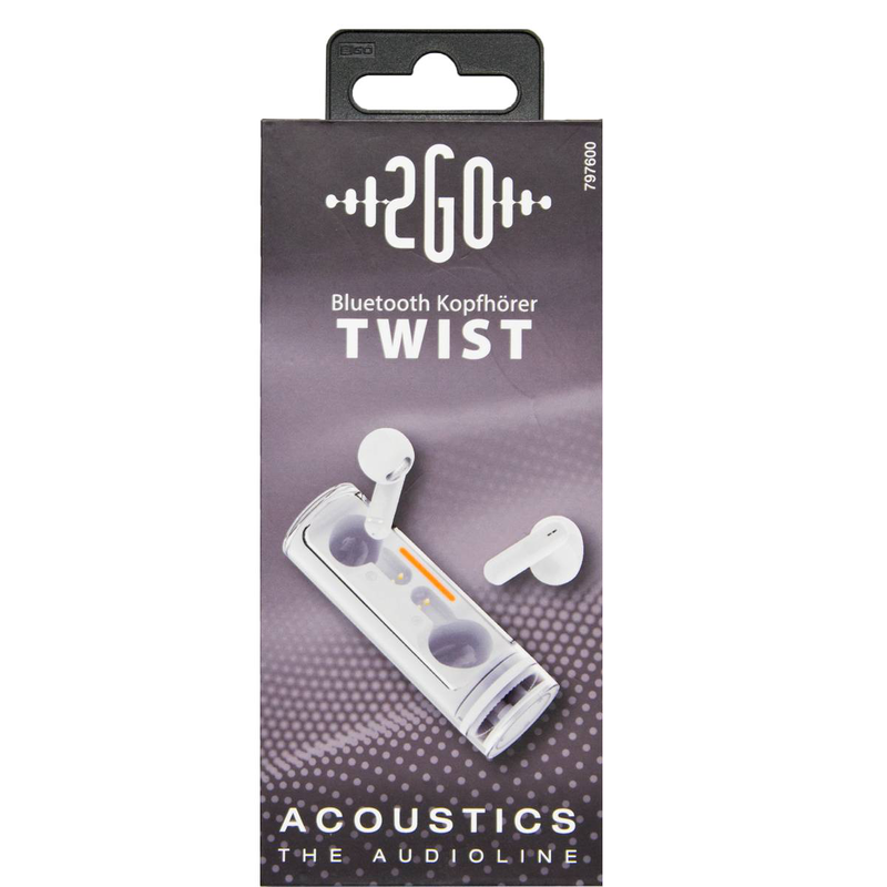 2go acoustic twist true wireless stereo earbuds bluetooth in-ear built-in mic charging case lightweight white-null