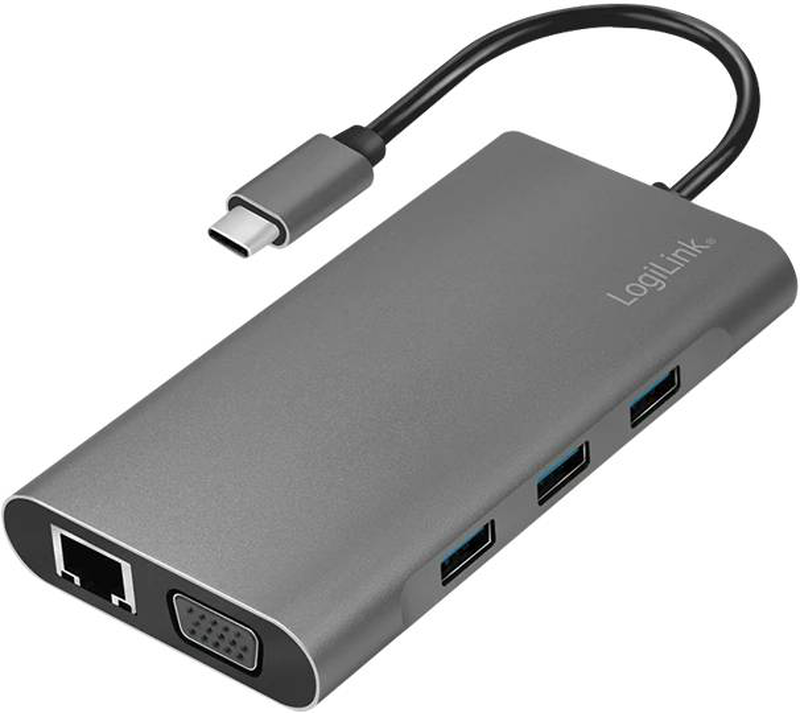 Logilink ua0383 USB-c 3.2 10-in-1 docking station &mdash; 4k HDMI, vga, gigabit ethernet, 3x USB 3.0, sd reader, 100w pd, silver-null
