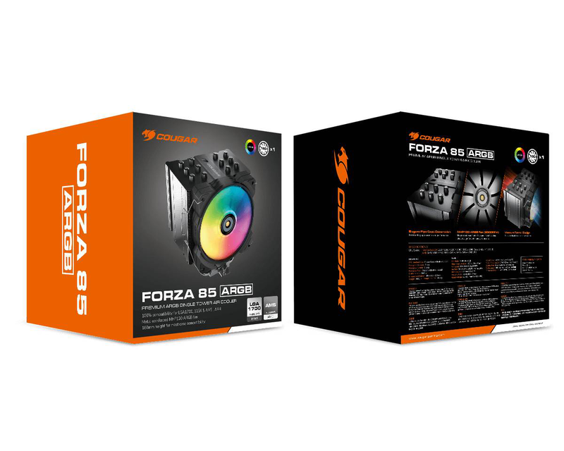 Cougar forza 85 argb cgr-fza85-argb single-tower CPU cooler 6 heatpipes 120mm argb fan intel AMD am5 black-null