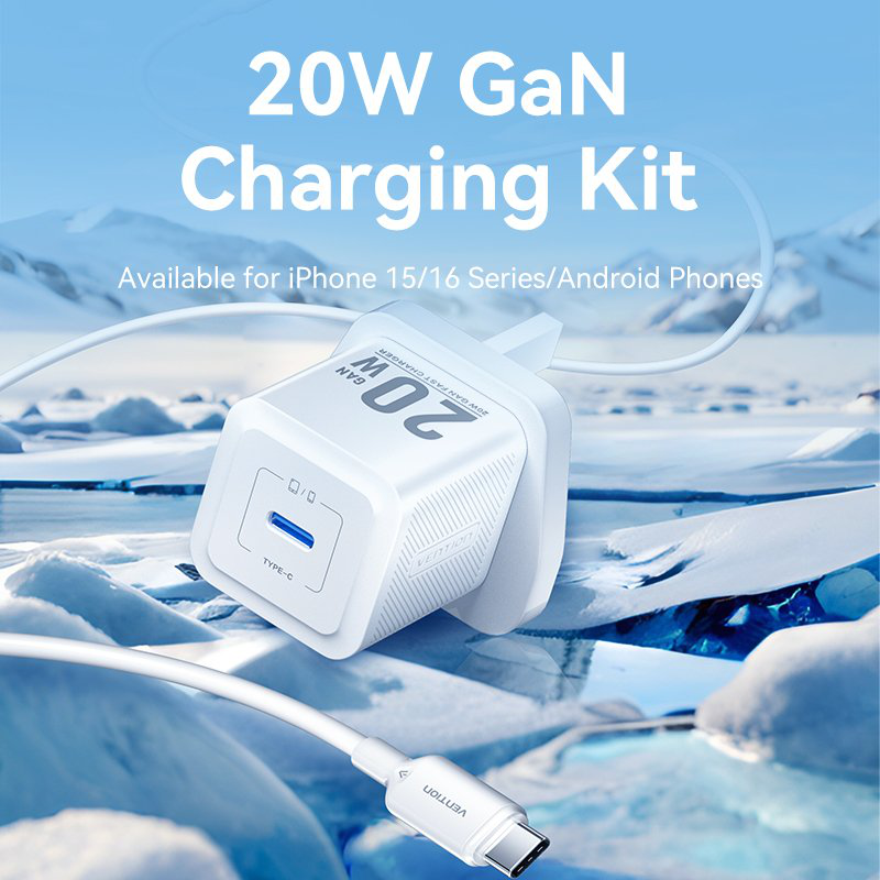 Vention charger wall gan 20w 1xUSBc uk + USB-c 1m cable black fepb0-uk-01, , medium-null