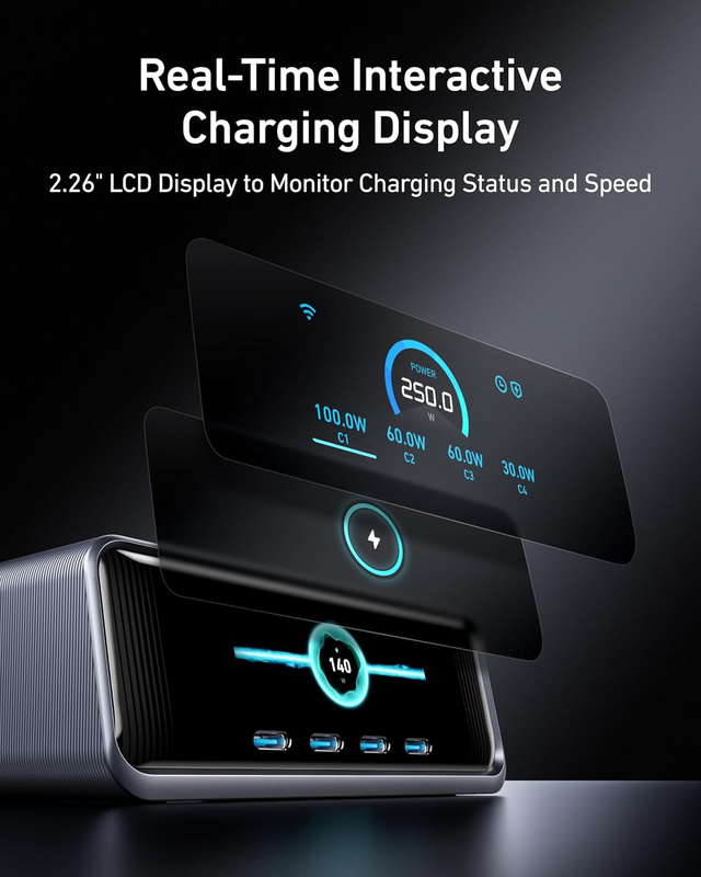Anker prime 250w USB c charger, ultra-fast 6-port gan charging station, 2.26 lcd display and smart control dial black, , medium-null