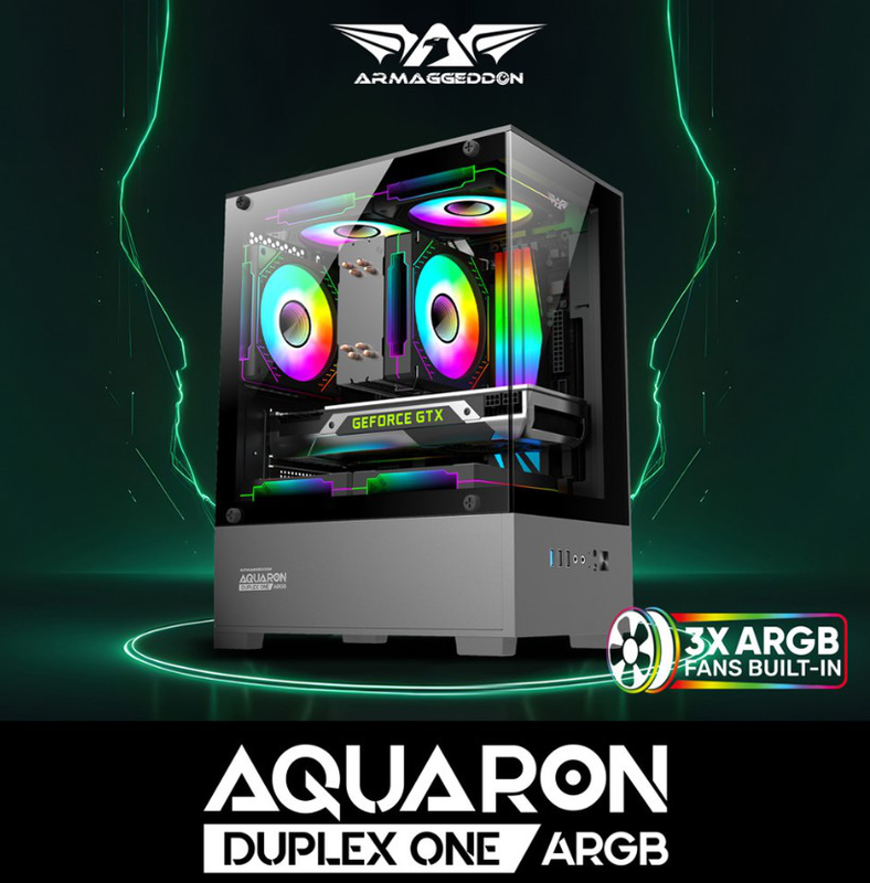 Armaggeddon gaming case m-atx aquaron duplex one black + 3xargb (bottom USB), , medium-null