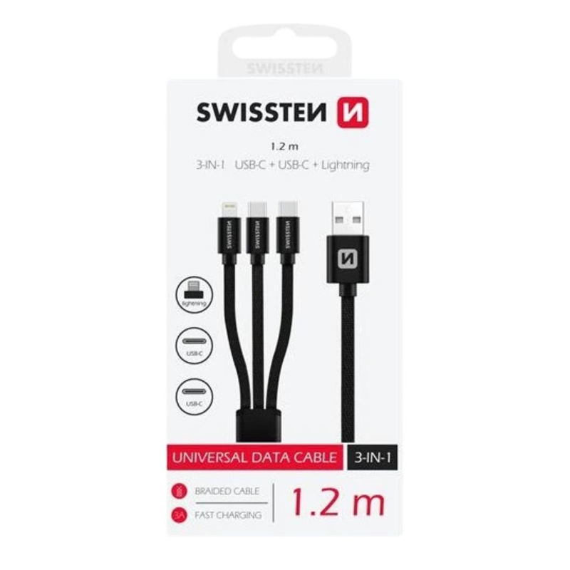 Swissten textile 3&sigma;&epsilon;1 &kappa;&alpha;&lambda;ώ&delta;&iota;&omicron; &phi;ό&rho;&tau;&iota;&sigma;&eta;&sigmaf; &mu;&epsilon; lightning & 2x USB-c 1.2m 72501103 &mu;&alpha;ύ&rho;&omicron;, , medium-null
