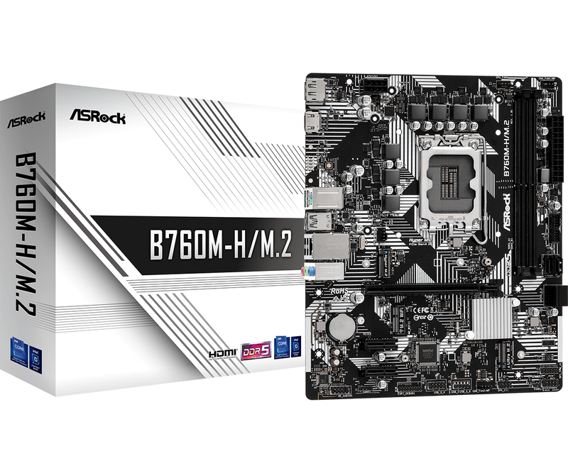 Asrock b760m-h/m.2 ddr5 micro-atx motherboard lga 1700 intel b760 pcie 4.0 dual m.2 USB-c HDMI dp gbe black-null