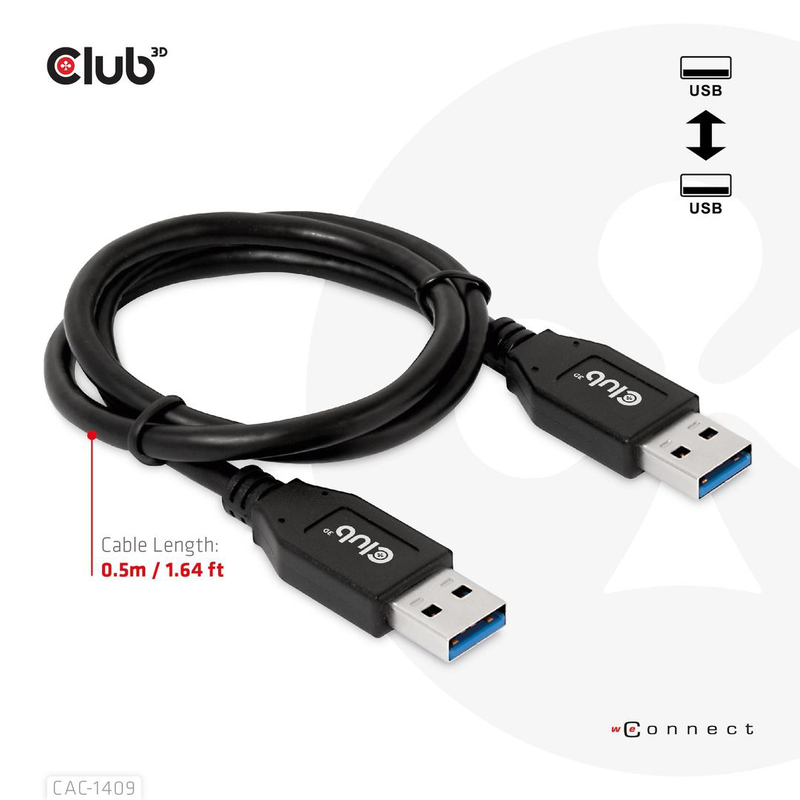 Club3d USB type-a Gen2(10g) cable, 3a m/m 0.5m / 1.64 ft / 0.5 m / USB a / USB a / USB 3.2 Gen 2 (3.1 Gen 2) / 10GBit/s / black-null