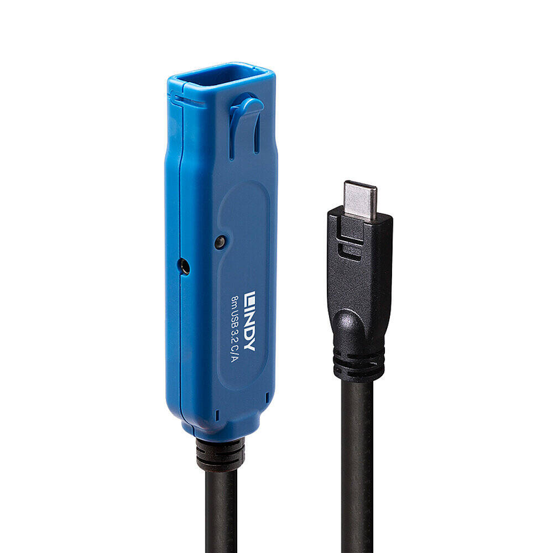 Lindy - USB extension cable - 24 pin USB-c (m) to USB type a, power dc jack 2.5 mm (id: 0.7 mm) (f) locking - USB / USB 2.0 / USB 3.0 / USB 3.1 / USB 3.2 - 8 m - round, active, gold flashed contacts - black-null