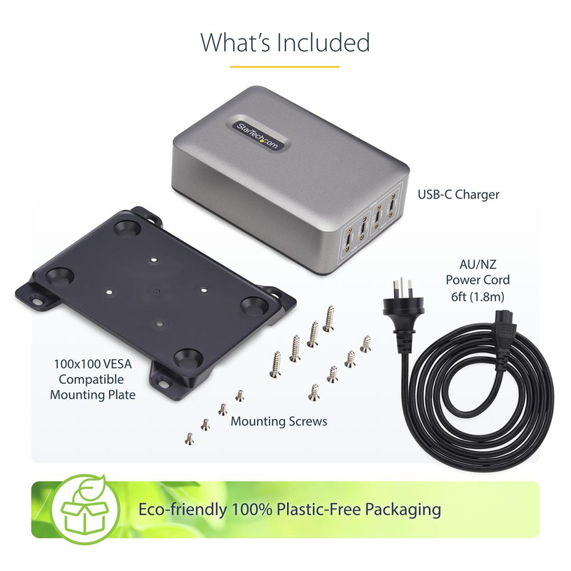 Startech.com 4-port USB-c charger, 240w total, single port 140w epr - power adapter - with surface mount bracket - 240 watt - 5 a - power delivery 3.1 - 4 output connectors (24 pin USB-c), , medium-null