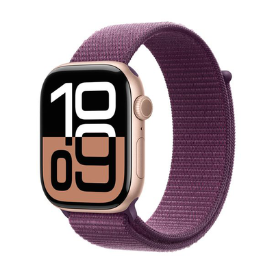 Watch series 10 GPS 42mm rose gold aluminium case with plum sport loop, Pink, medium