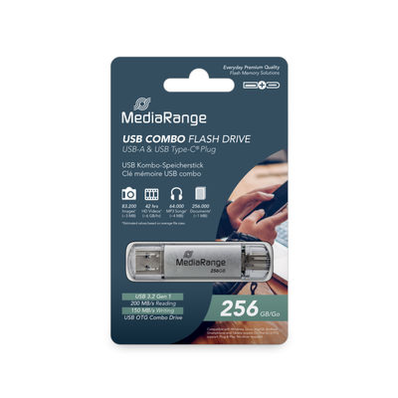 Mediarange USB 3.2 Gen 1 combo flash memory drive with USB-a and USB-c&reg;, with protective caps, silver, 256GB-null