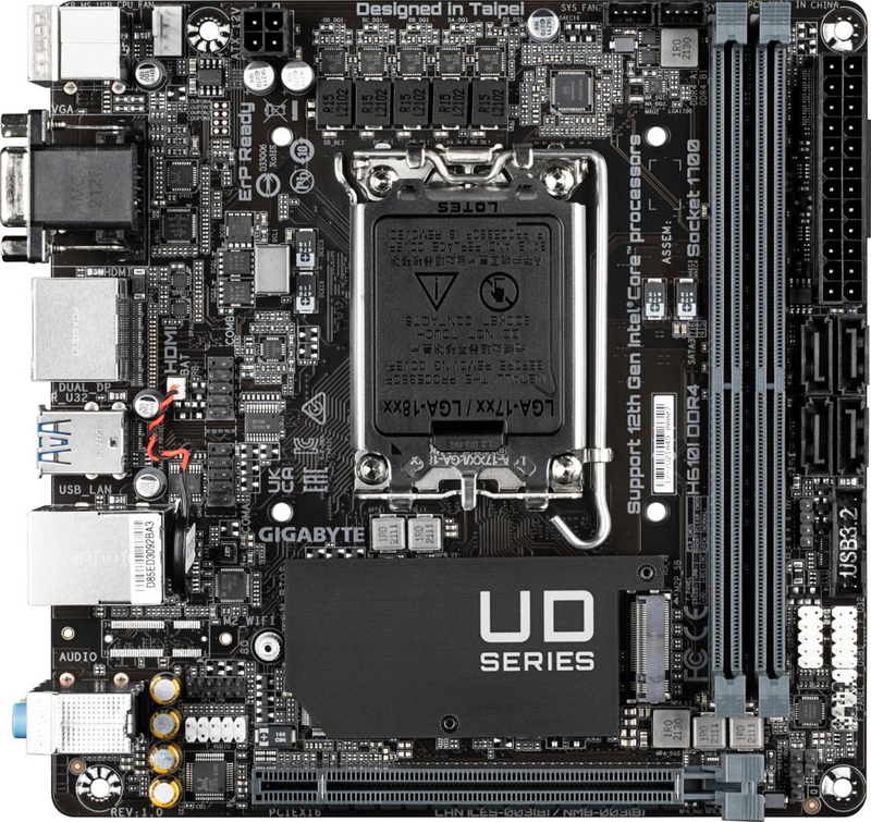 Gigabyte h610i ddr4 mini-itx motherboard lga 1700 intel h610 pcie 4.0 x16 m.2 quad display HDMI dp vga gbe black-null