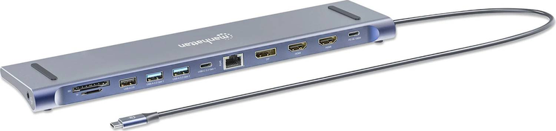 Manhattan 190305 USB-c 12-in-1 triple monitor docking station 2x HDMI displayport 4k gigabit lan 100w pd silver-null