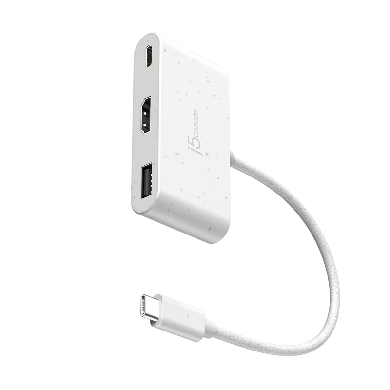 J5create jca379ew eco-friendly USB-c to HDMI 4k USB-a 3.0 adapter with 100w power delivery white jca379ew-n-null