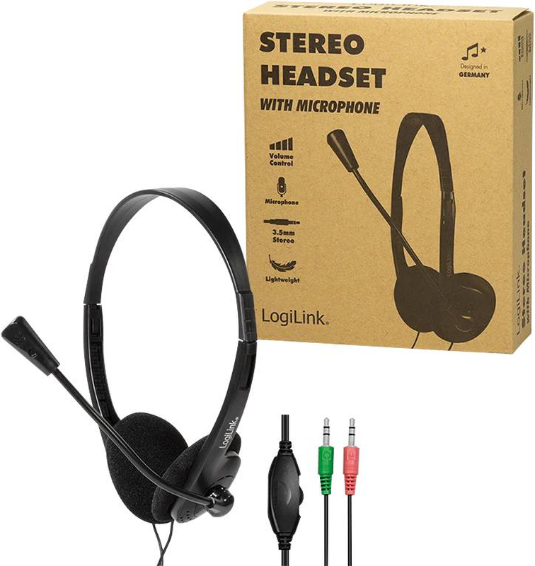 Logilink hs0052 on-ear stereo headset wired dual 3.5mm jack boom microphone inline volume control black-null