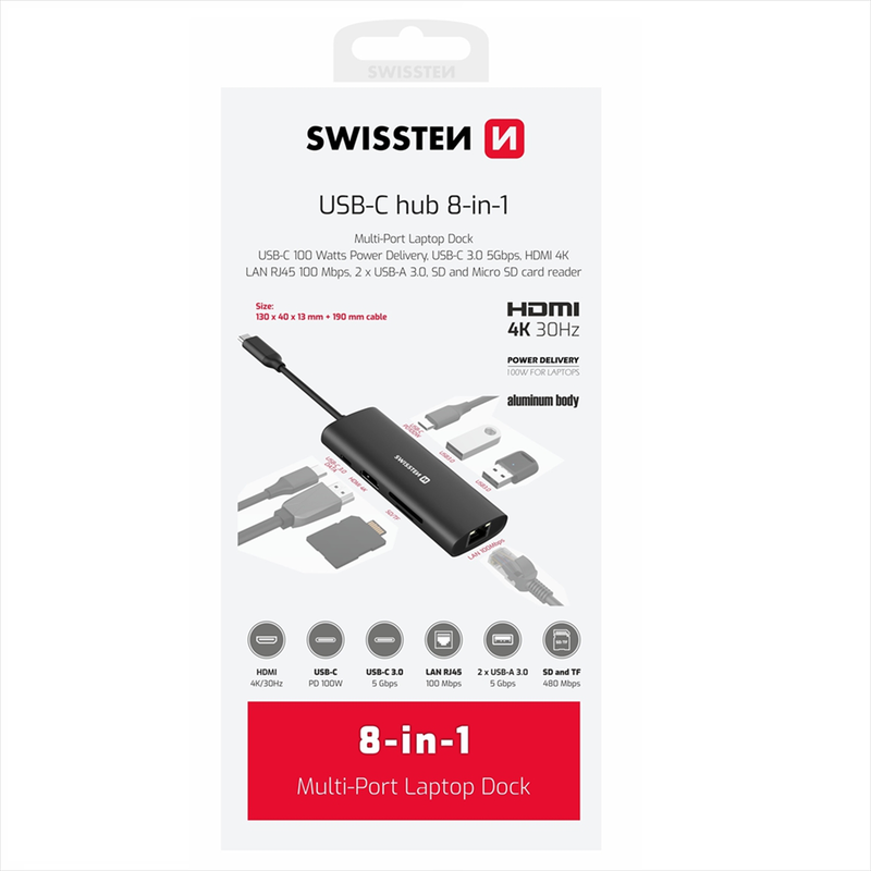 Swissten USB-c  hub 8-in-1 USB-c pd 100w / HDMI 4k / lan rj45 / 2x USB 3.0 / sd card  aluminium body, , medium-null
