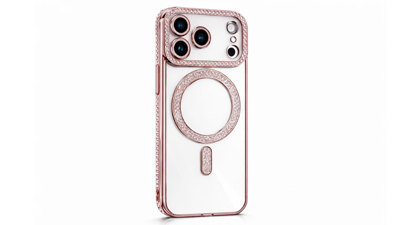 Luxury rosegold clear phone case with rhinestones & magnetic ring for iPhone 17 pro, , medium-null