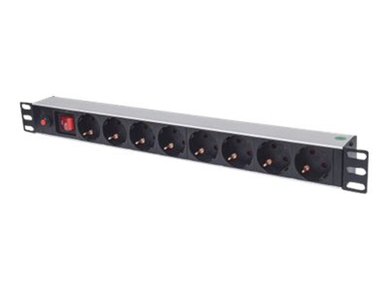 German type, with on/off switch and overload protection, 3m power cord (euro 2-pin plug) - power strip (rack-mountable) - ac 250 v - input: cee 7/4 - output connectors: 8 (cee 7/3) - 1u - 19" - 3 m - germany - black, , medium-null