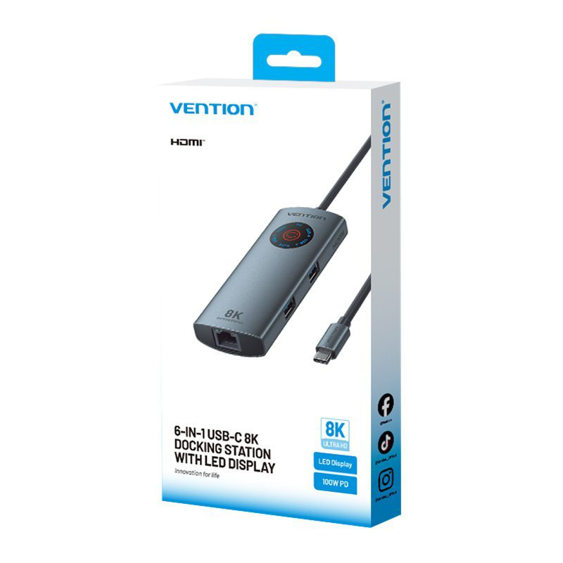 Vention hub USB-c 3.2 Gen1/8k-hdmi/gb/pd + led display & switch tqzhb, , medium-null