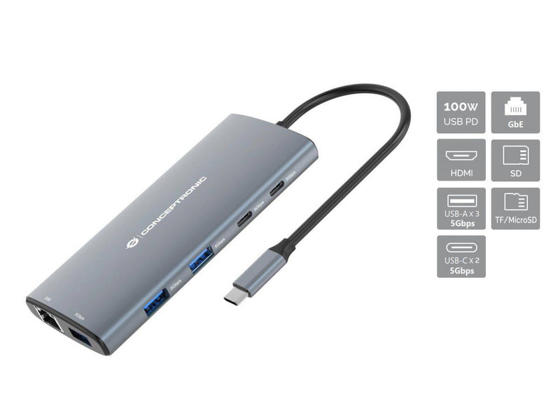 Conceptronic donn06g 10-in-1 USB 3.2 Gen 1 docking station, HDMI, 100w USB pd, USB-c 5GBps x 2, USB-a 5GBps x 3, sd, tf/microsd, gbe, , medium-null