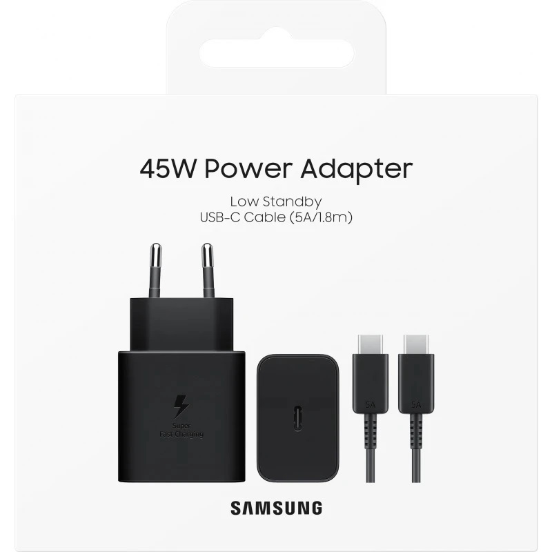 Samsung 45w USB-c travel charger ep-ta4511xbegeu w/cable c to c black, , medium-null
