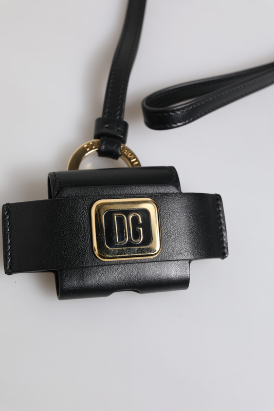Black leather strap gold metal logo plaque AirPods case-null