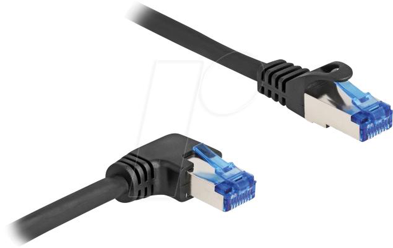 Delock - network cable - rj-45 (m) straight to rj-45 (m) right-angled - 50 cm - 6 mm - s/ftp - cat 6a - halogen-free, snagless - black-null