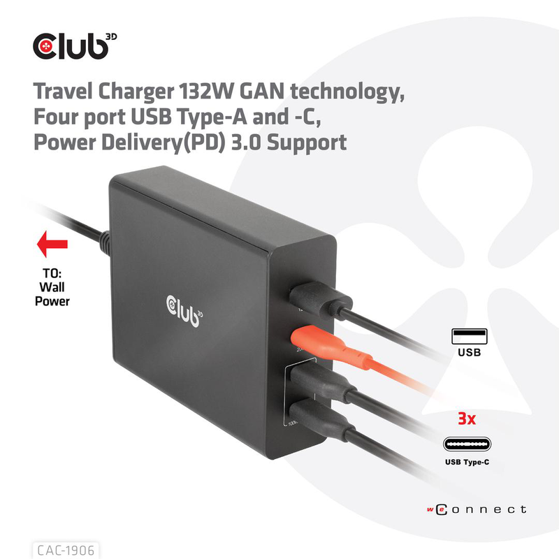 Club 3d cac-1906 132w gan USB charger 4-port USB-c and USB-a power delivery for laptops phones black-null