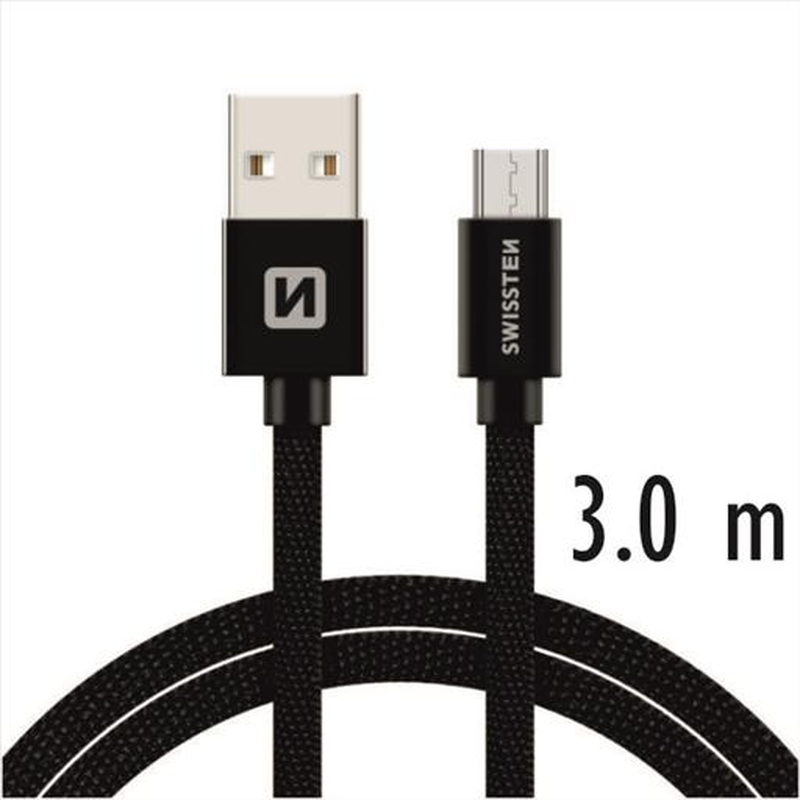 Swissten braided micro USB 3m 3a blk, , medium image number null