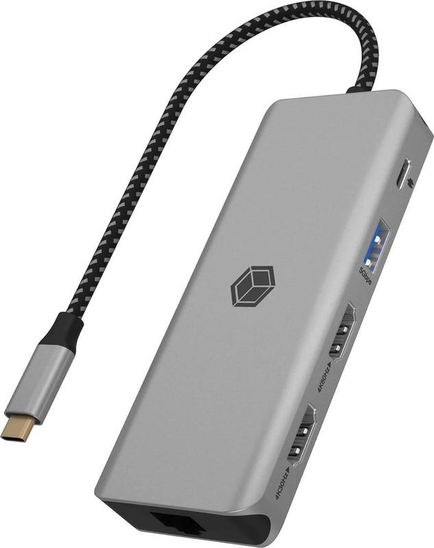 Icy box ib-dk4012-cpd 9-in-1 USB-c docking station 2x HDMI 4k gigabit ethernet 100w pd 3x USB sd microsd grey-null