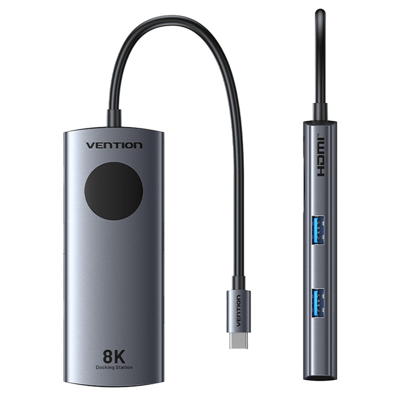 Vention hub USB-c 3.2 Gen1/8k-hdmi/gb/pd + led display & switch tqzhb, , medium-null