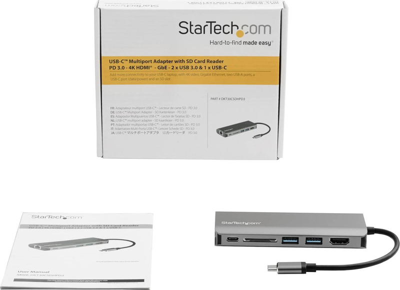 Startech dkt30csdhpd3 USB-c multiport adapter 4k HDMI sd card reader 3x USB gigabit ethernet 60w pd 3.0 grey-null