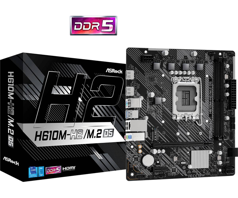 Asrock h610m-h2/m.2 d5 micro-atx motherboard lga 1700 intel h610 ddr5 pcie 4.0 m.2 dual HDMI gbe lan black-null