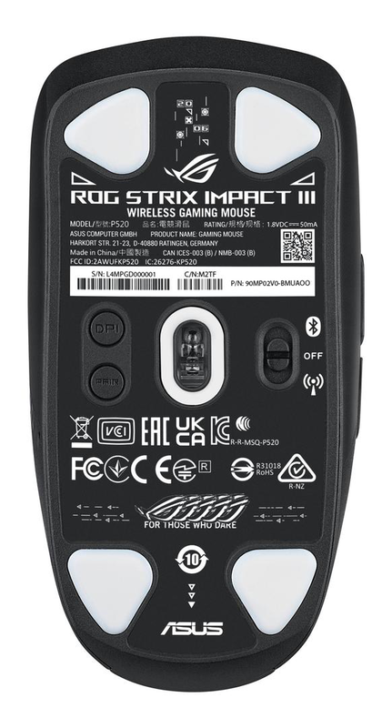 Asus rog strix impact III / mouse / optical / 7 buttons / wireless, wired / USB, 2.4 GHz, bluetooth 5.1 / USB rog omni wireless receiver / black, , medium-null